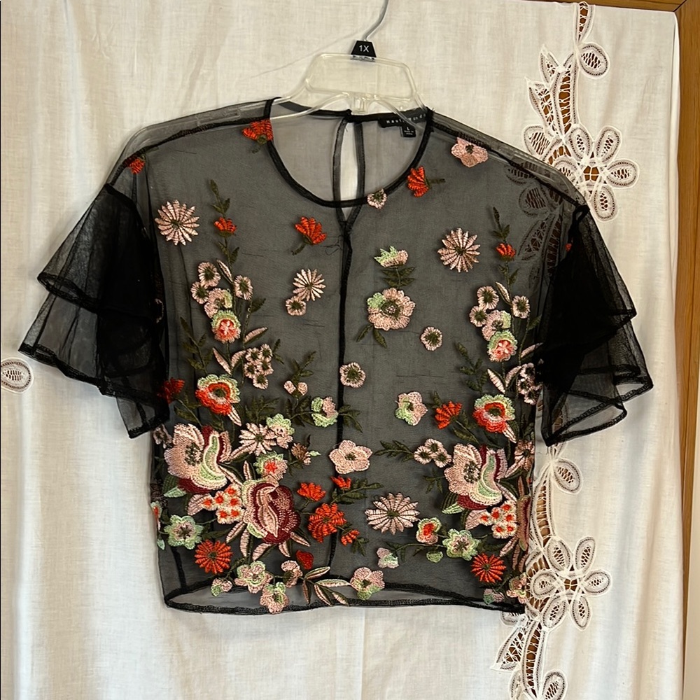 Haute Monde Black and Orange Flutter Sleeve Crop Blouse
